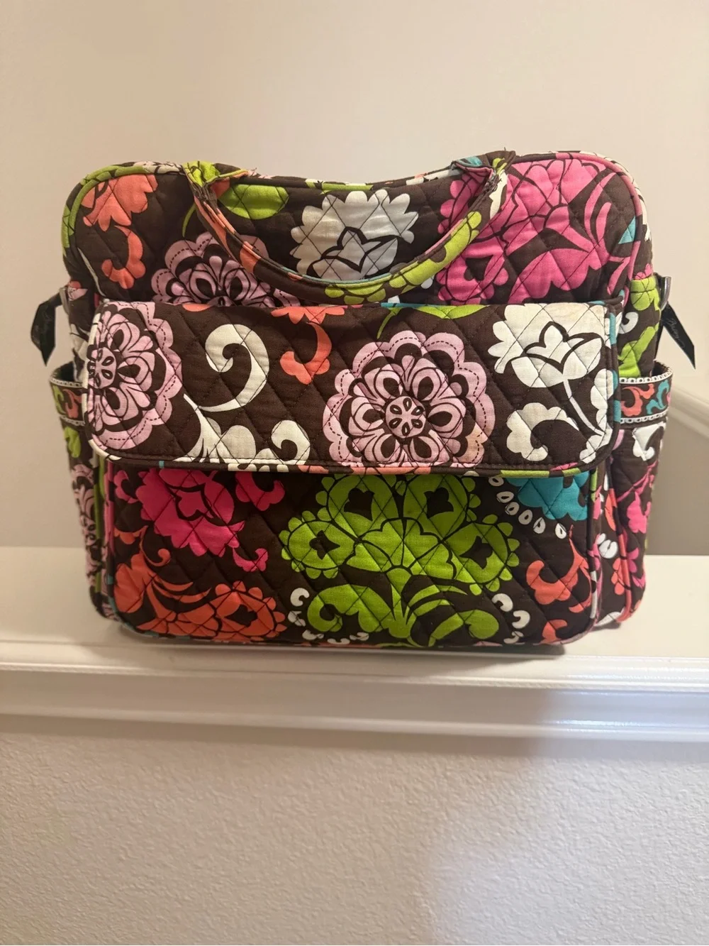 Quilted Floral Laptop Tote in Brown with Multicolor Accents